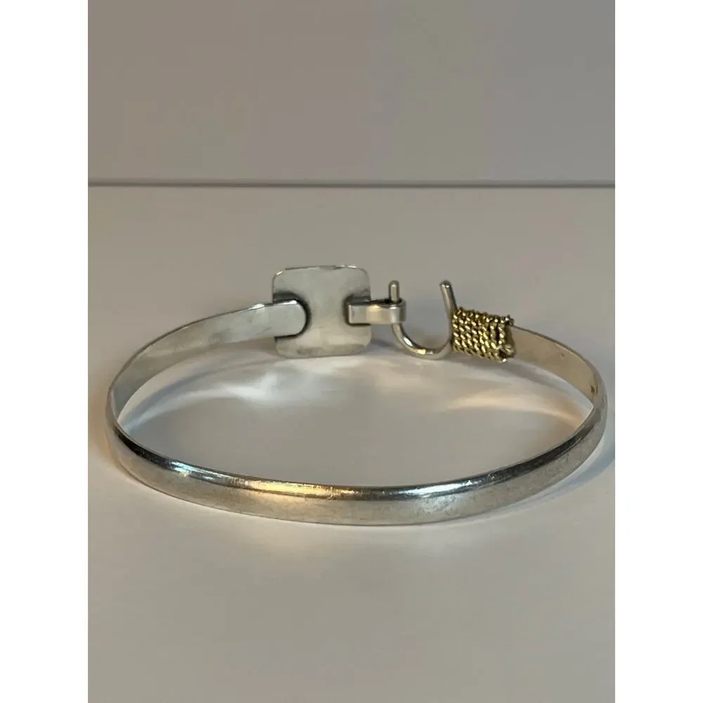 925 Sterling Silver Larimar Bracelet 14K Gold Rope Accent Cuff - Picture 6 of 11